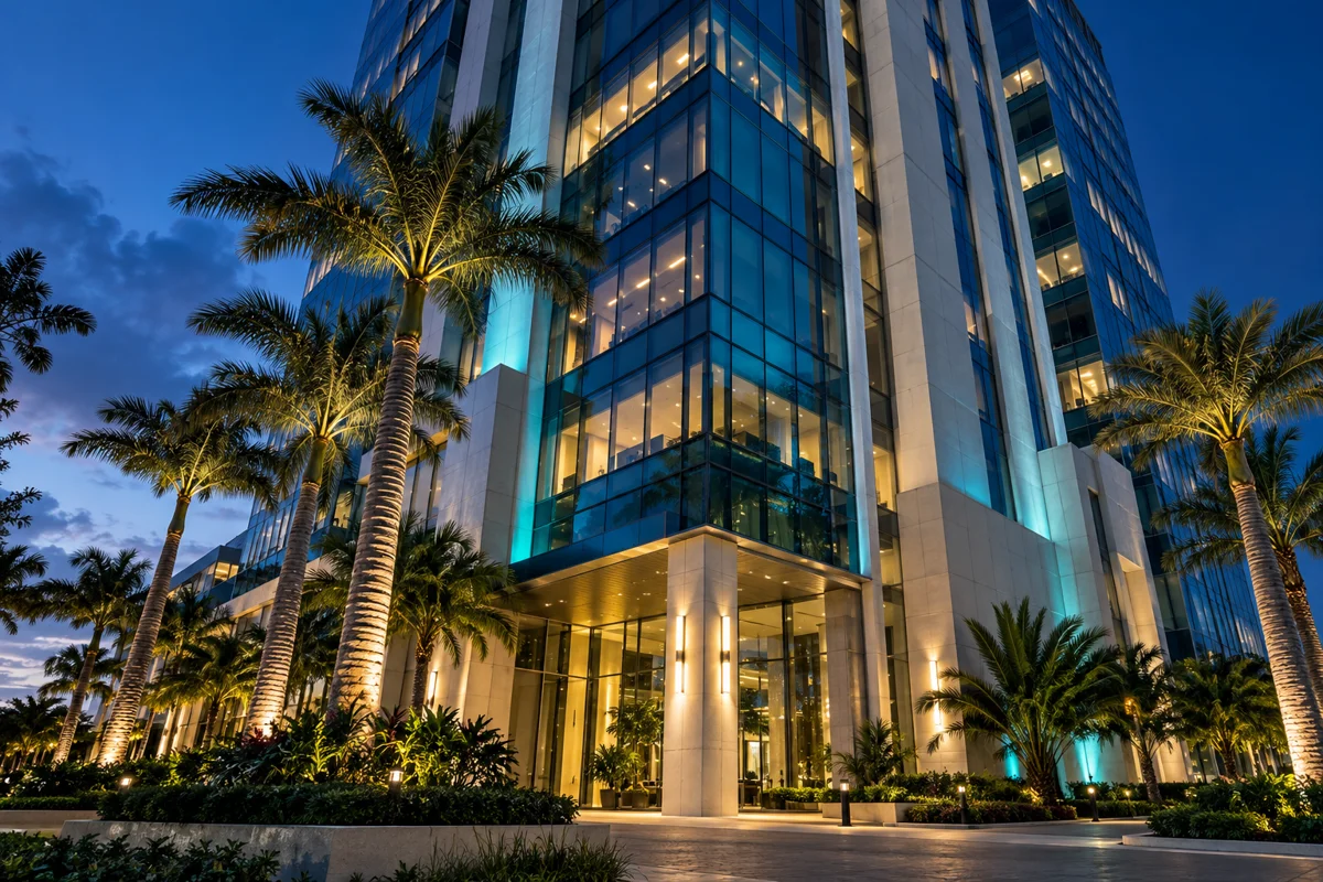 Glass and concrete commercial office building at dusk, an illustrative architectural image