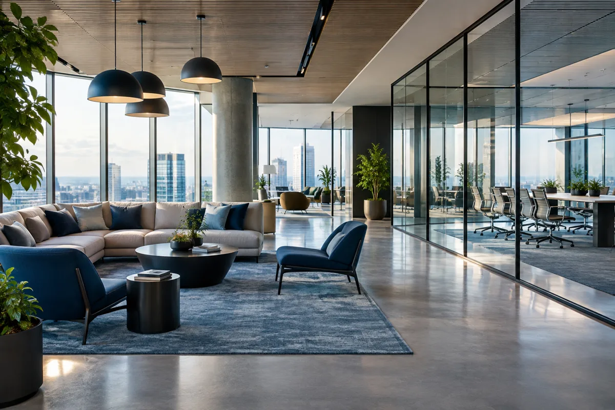 Corporate office interior with meeting and working areas
