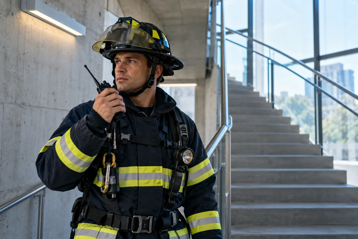 Emergency responder using a handheld radio in a concrete stairwell
