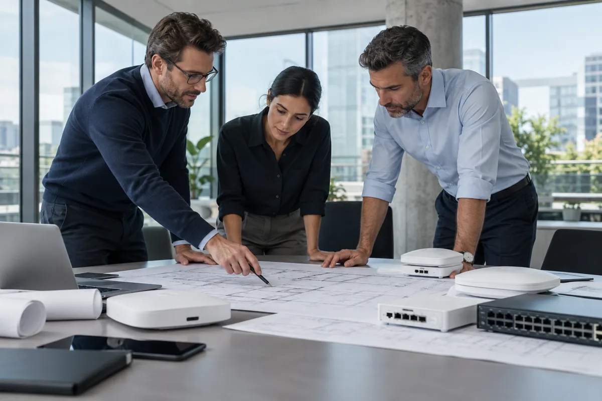 Engineering team reviews building plans and equipment options