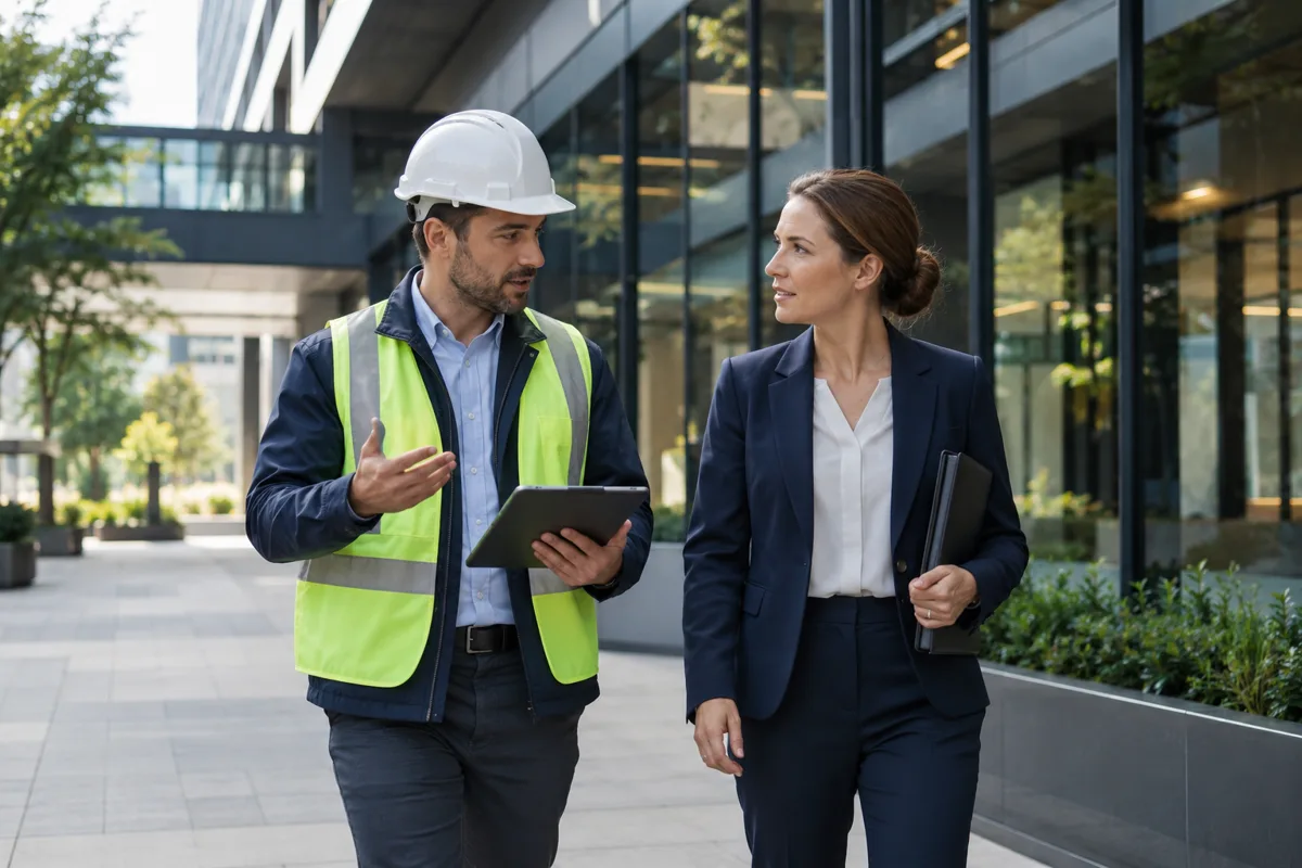 A technical consultant reviews a commercial property with a manager