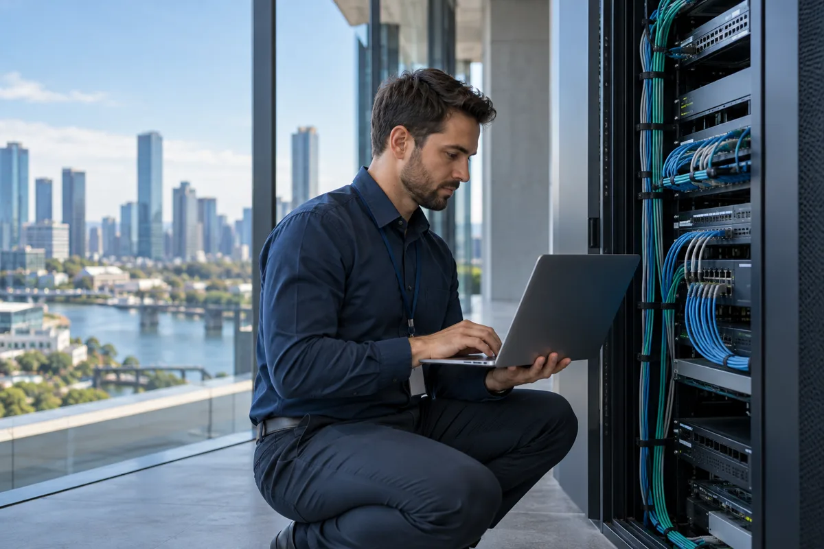 Engineer checks wireless system performance on a laptop